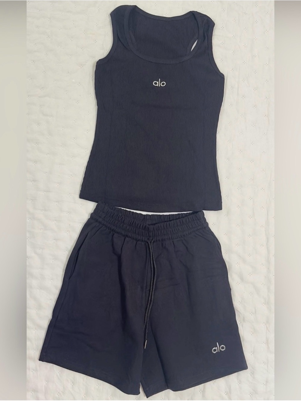 Alo Black Ribbed Tank & Drawstring Shorts Set